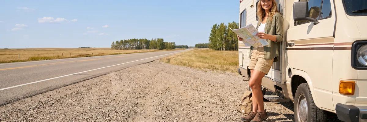 Generated picture: the guide's character, a young woman in a khaki cap, white tank top, olive overshirt and short khaki shorts, leans on a cream camper van at a gravel pull-off beside an empty prairie highway, a road map open in her hands.